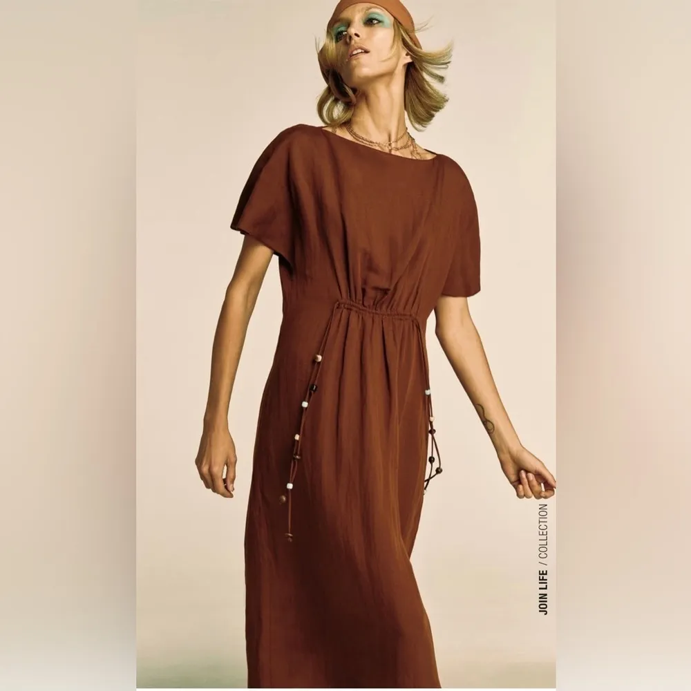 Zara New Beach Bohemian Linen Blend Brown Beaded Tunic Round Neck Dress Size L‎ - Image 2