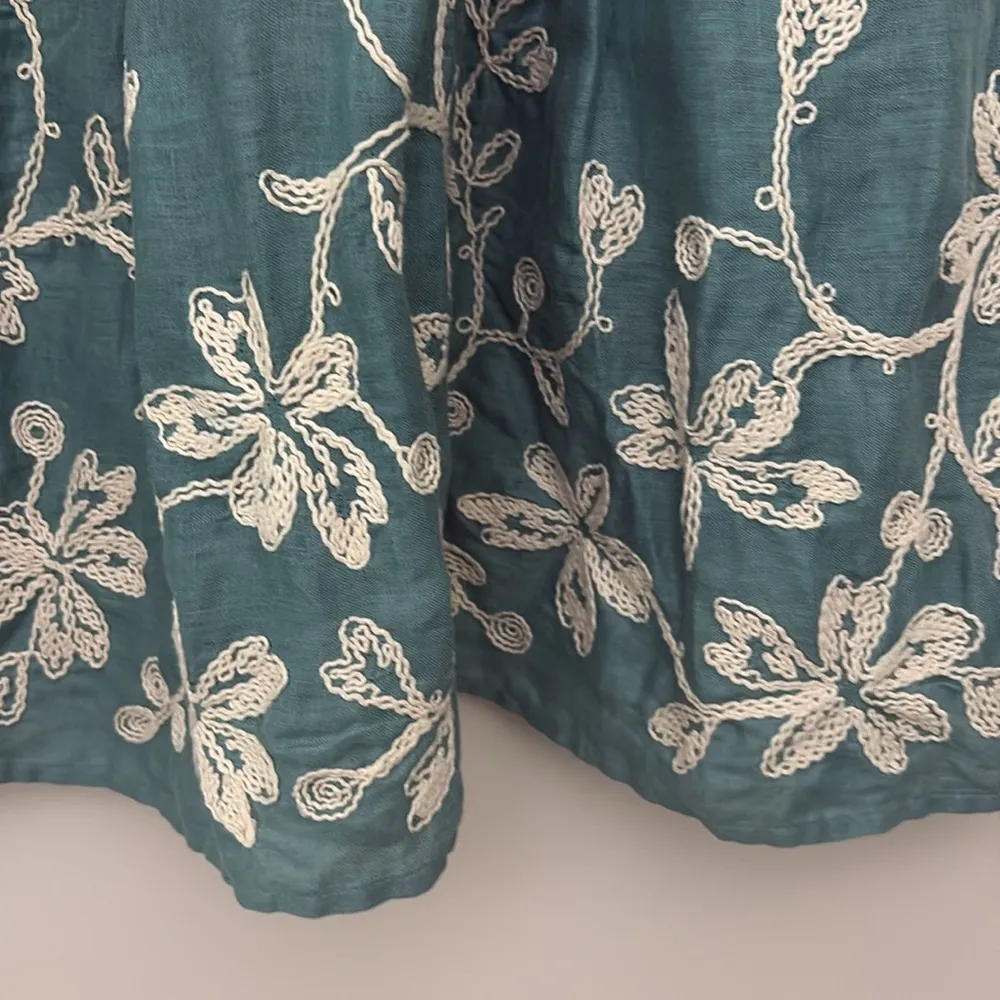 Talbots Floral Embroidered Pleated Skirt 100% Linen Teal Lined Cottagecore Sz 14 - Image 4