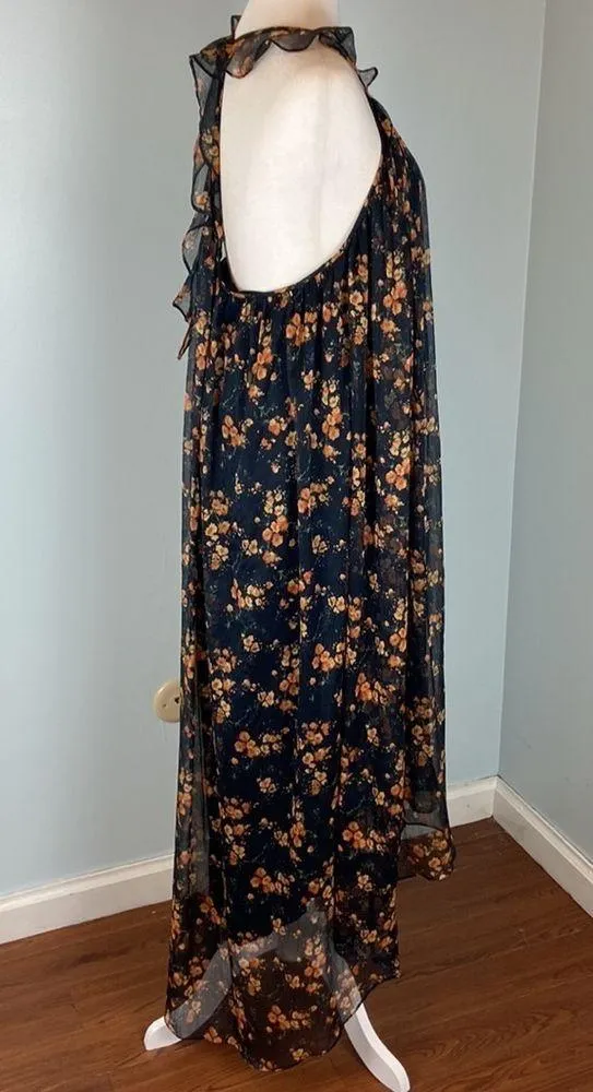 Zara Floral Sheer High Low Dress Halter Ruffles Size Small Orange Black - Image 9