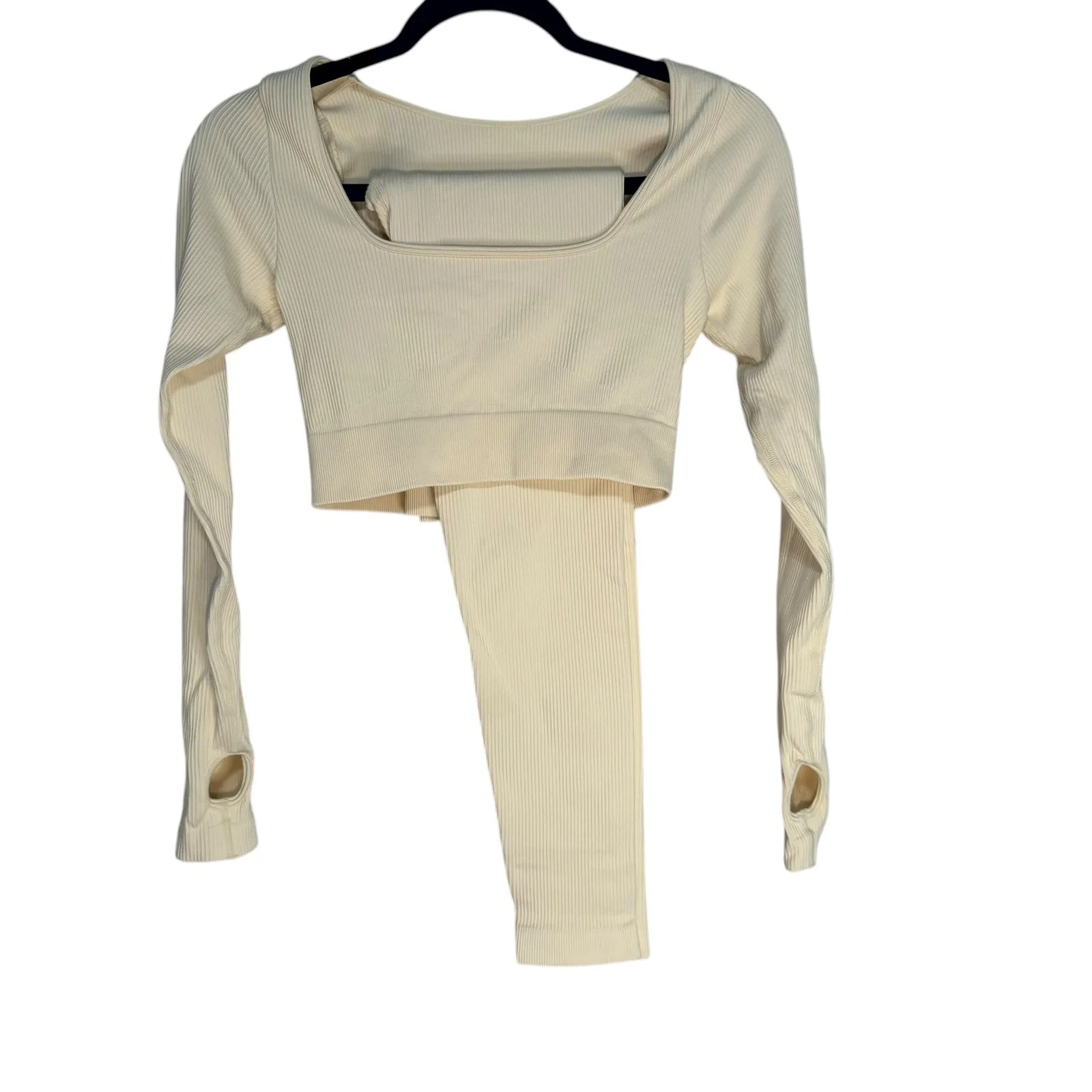Ribbed Long Sleeve Crop Top Thumbhole Leggings Set Workout Athleisure Cream M Size M - Image 9