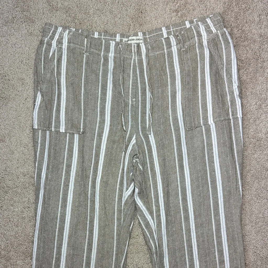 Alexander Jordan Tan and White Striped Pull On Linen Pants Women's XL - Image 2
