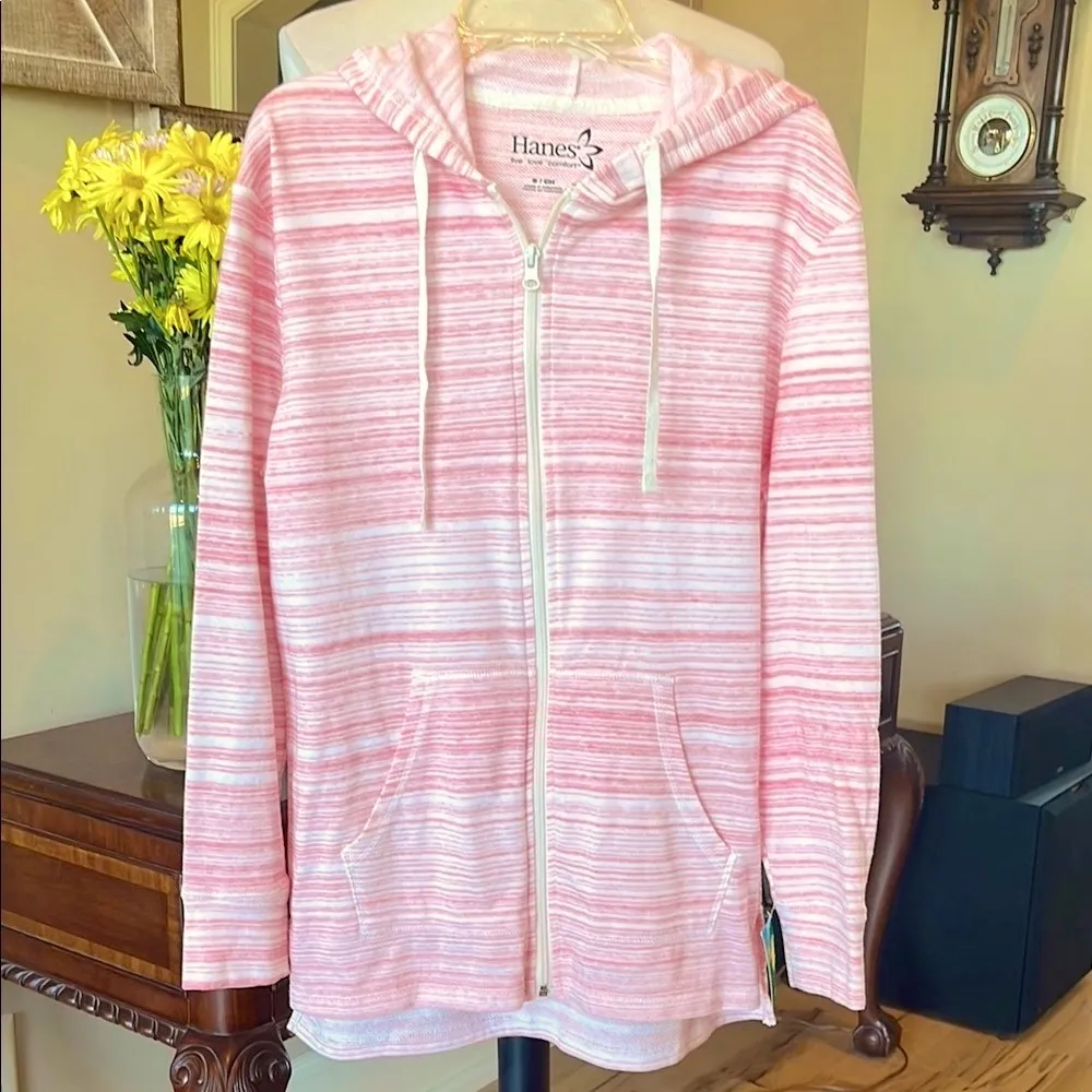 Soft Comfy Pink Striped Jacket Hoodie Oversized Zip Womens Small New - Image 4