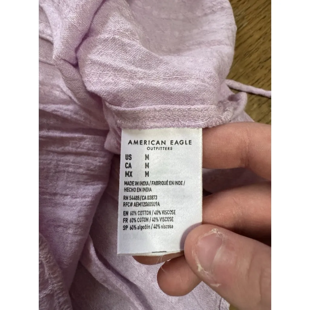 American Eagle Women Sz Medium Blouse Long Sleeve Tie Lightweight V Neck Preppy - Image 9