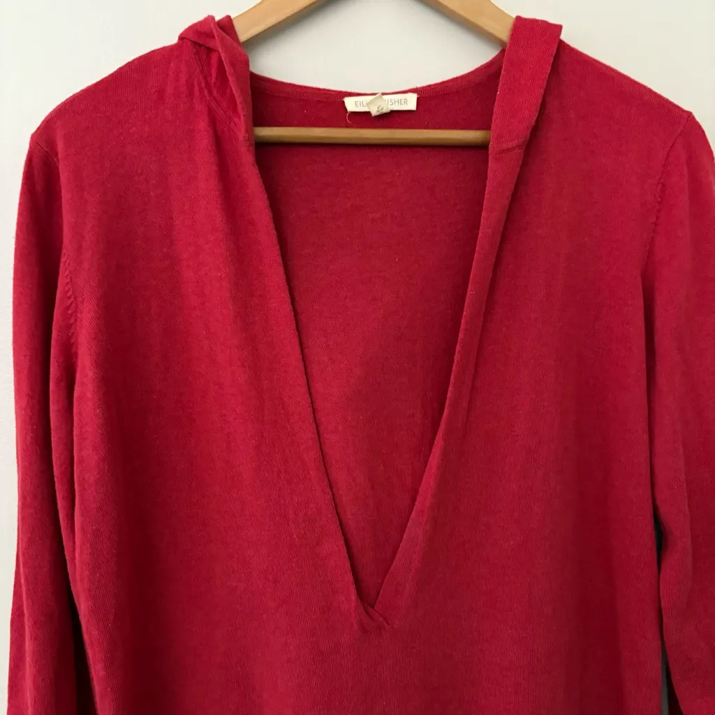 Eileen Fisher organic cotton–cashmere knit hoodie tunic lightweight red size M - Image 3
