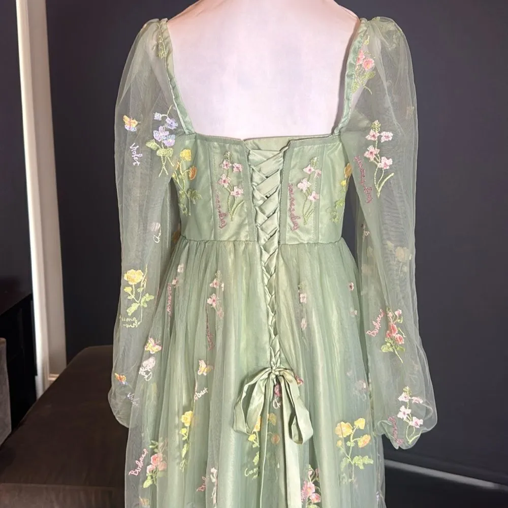 Green Long Sleeve Prom Party Dress Embroidered Flowers & Butterflies Size 12 - Image 5