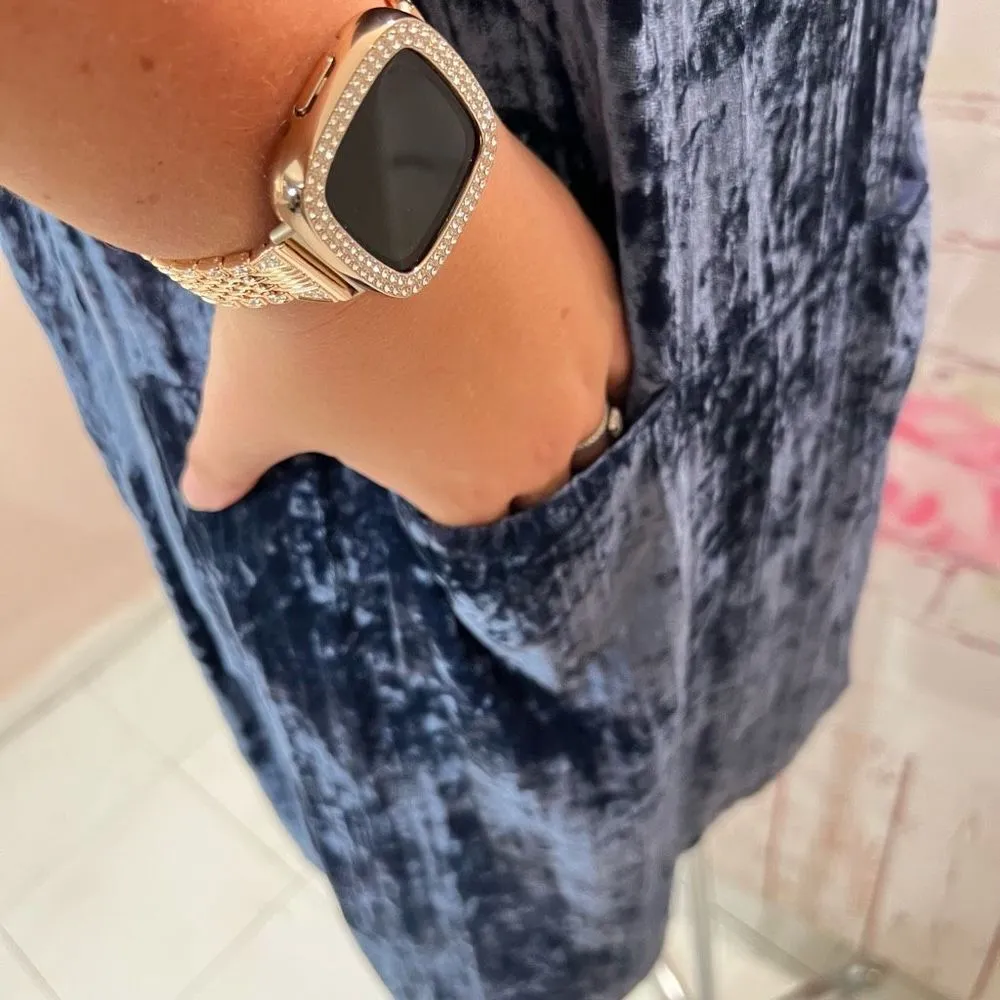 Floreat Anthropologie Women's Square Neck Short Sleeve Blue Velvet Shift Dress S - Image 7