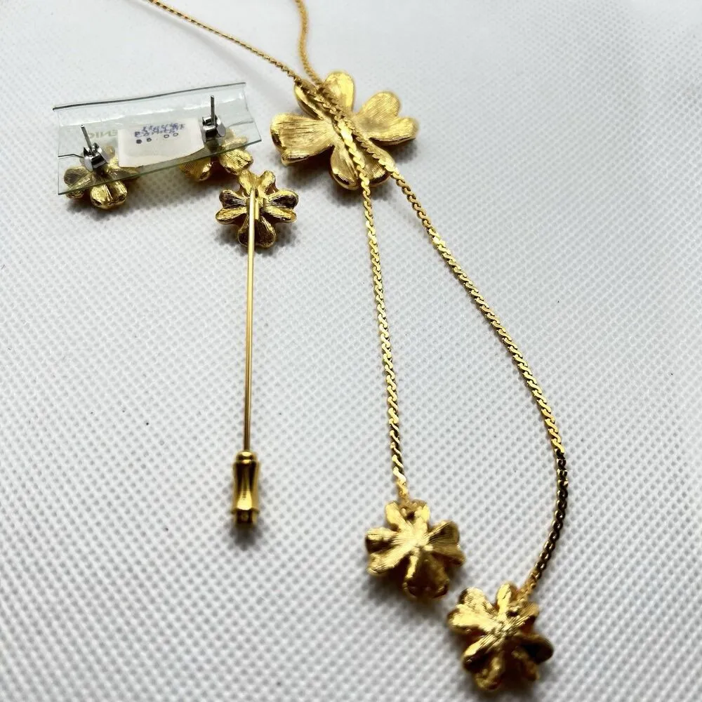 VTG Hattie Carnegie Peach Enamel Dogwood Lariat Bolo Necklace/Earrings/Pin Set Gold - Image 10