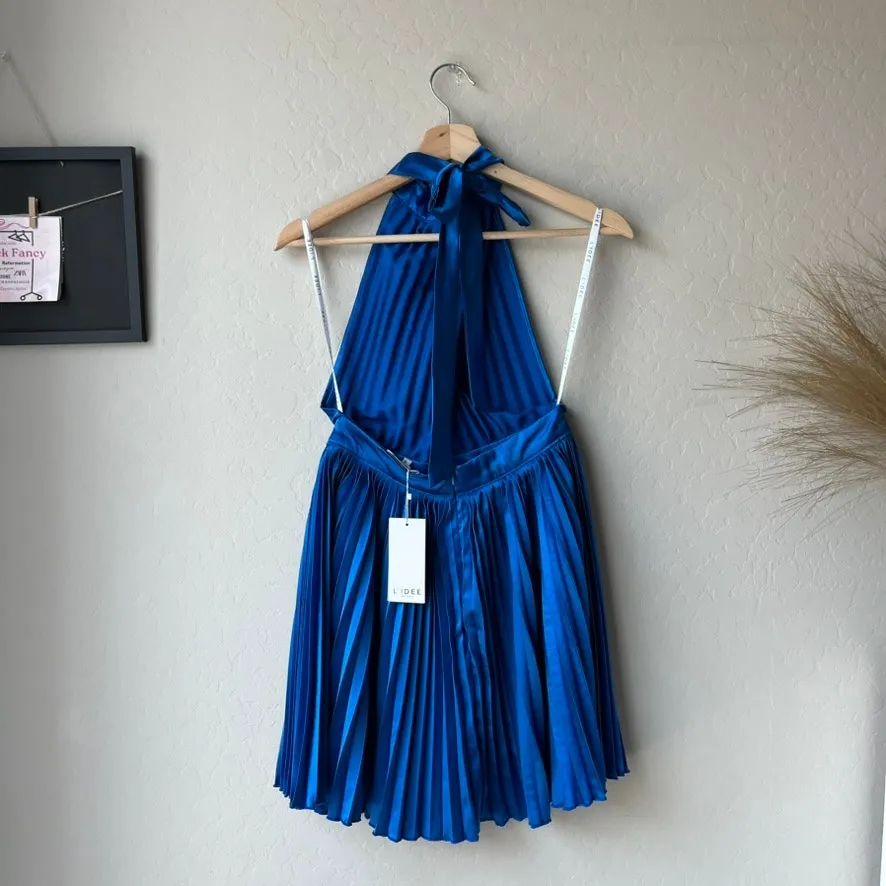 L’IDEE Renaissance Moroccan Blue Pleated Satin‎ Crisscross Halter Mini Dress NWT Size 8 - Image 5