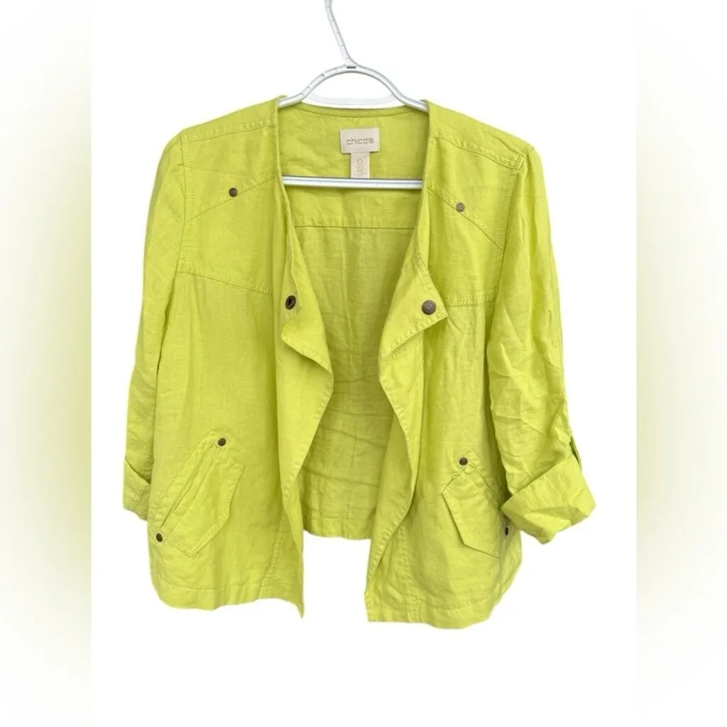 Chico's‎ Lime Green Drape-Front Easy Linen Jacket Size 0 Lightweight Summer - Image 5