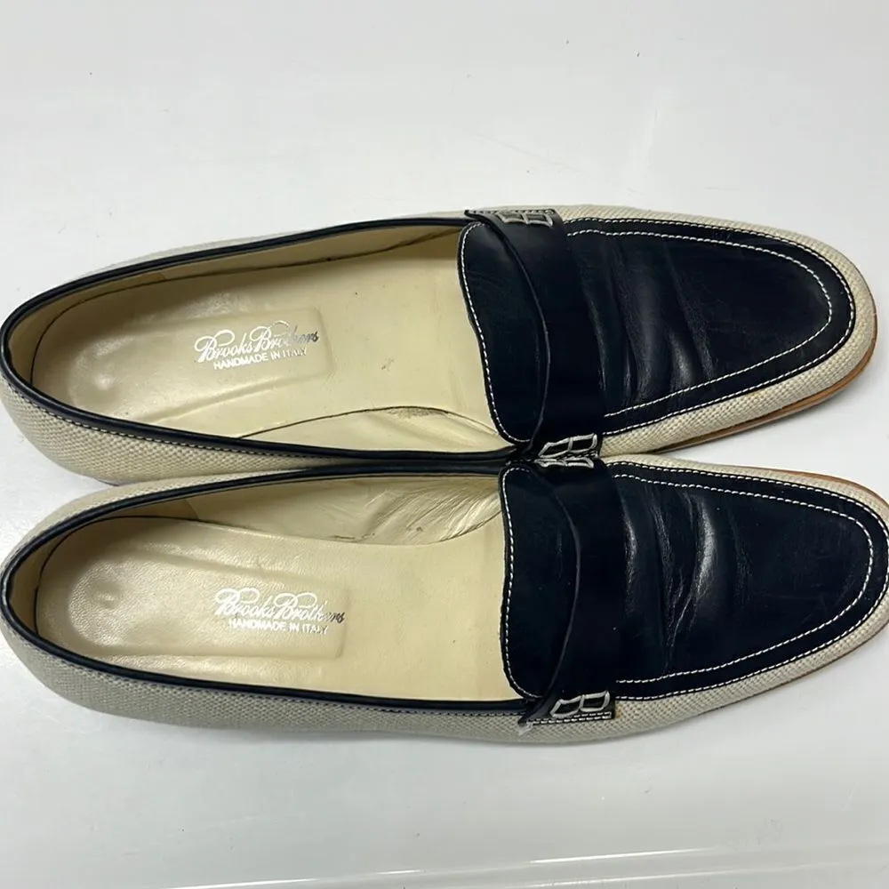 Brooks Brothers Beige Navy Twill and Leather Classic Slip-On Loafers- Size 8 - Image 3