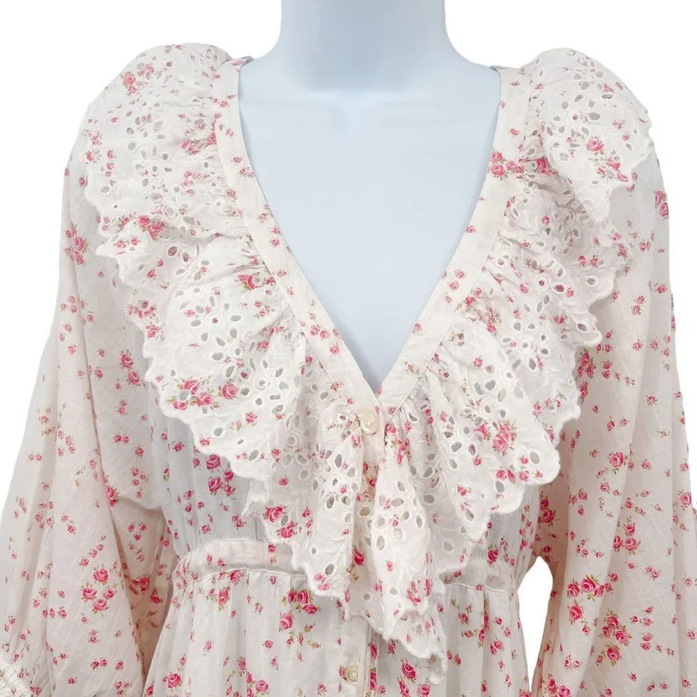 byTiMO Cotton Slub Midi Dress Floral Print Lace Button Down Cottagecore Small - Image 38