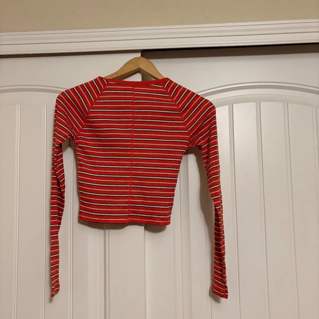 Arizona Jean Co Crop Top Small Long Sleeve Striped Red Ribbed Cotton Blend Y2K - Image 3