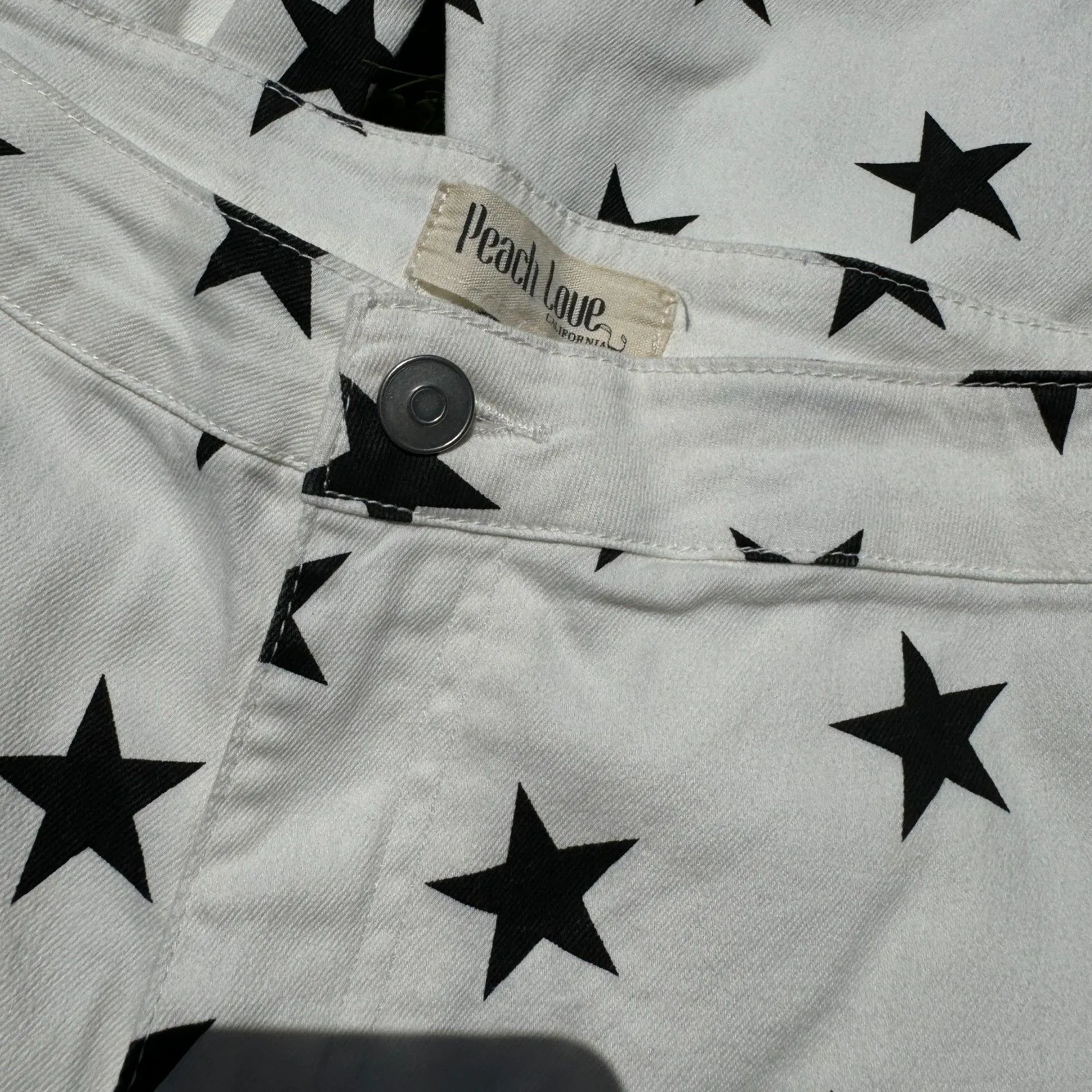 Peach Love California White Star Print Fringe Bell Bottom Jeans Size S Boho - Image 3