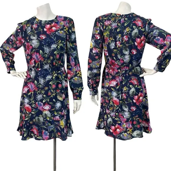 J. Crew Navy Blue Floral Print Flouncy Hem Long Sleeve Crew Neck Dress 2 - Image 2