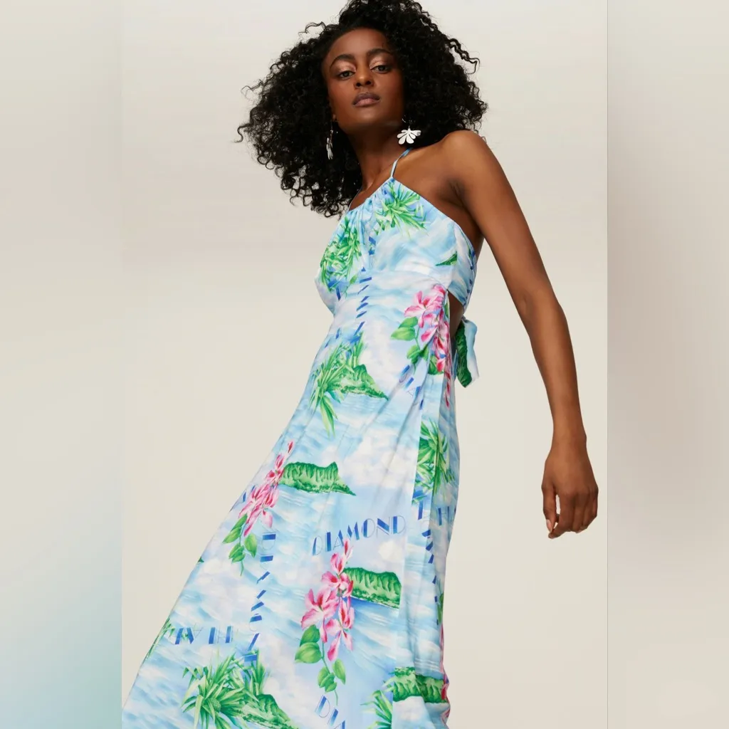 Rixo Marilyn Blue Diamond Head Hawaii Halter Midi Dress‎ Women's Size Small - Image 4