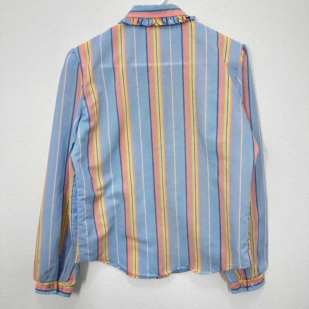 Vintage Colorful Pastel Ruffle Collar Striped Blouse 70s Puff‎ Sleeve Quirky Blue Size 10 - Image 2
