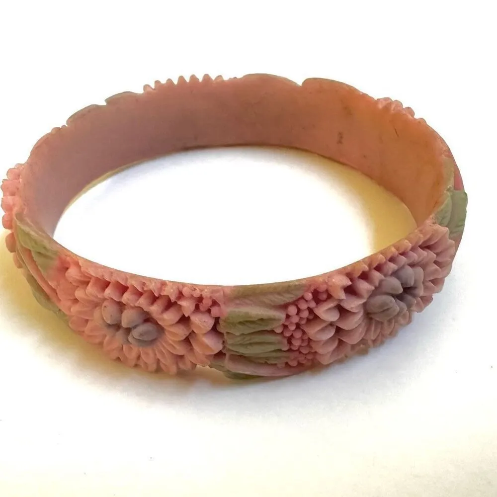 Retro Floral Carved Resin Bangle bracelet Pink and Green - Image 7