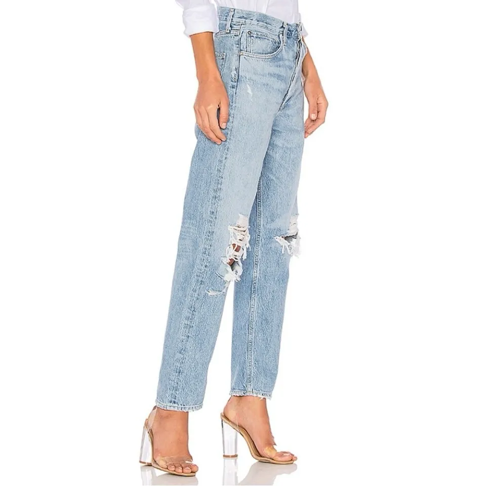 Agolde Women’s 90’s Pinch Waist Loose fit button fly Light Blue Distressed Jeans - Image 2
