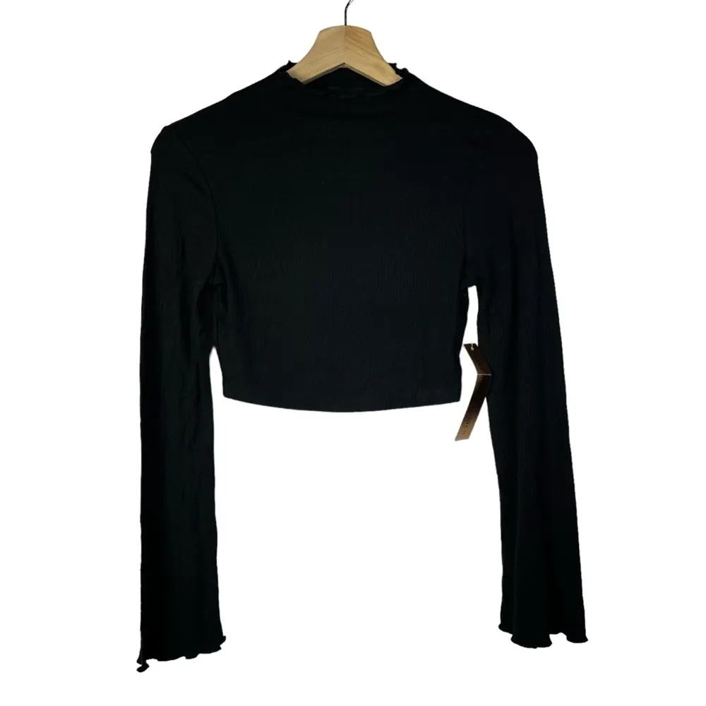 Almost Famous Black Ribbed Mock Neck Lettuce Hem Long Sleeve Crop Top S - Image 2