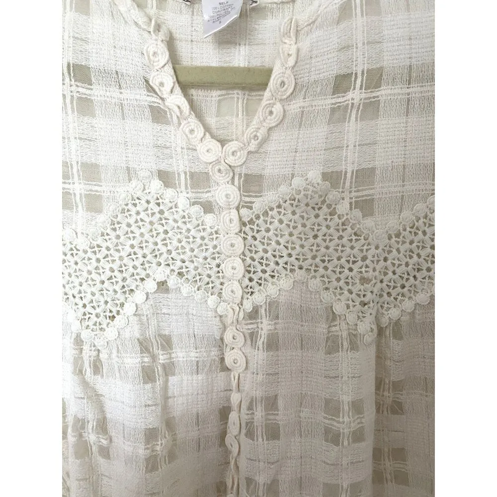 Esley Cream Cotton Lace Sheer 3/4 Sleeve Feminine Summer Pullover Top Blouse L - Image 5
