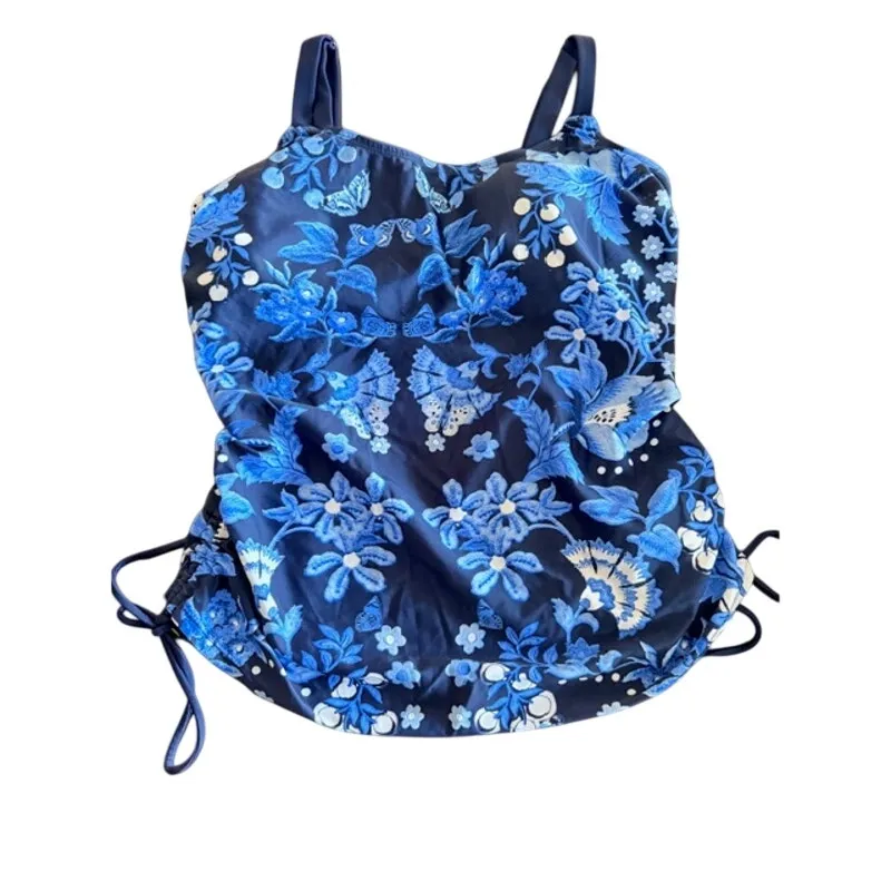 Gloria Vanderbilt Tankini Swimsuit Set Blue Floral Top & Bottom Size 10 - Image 3