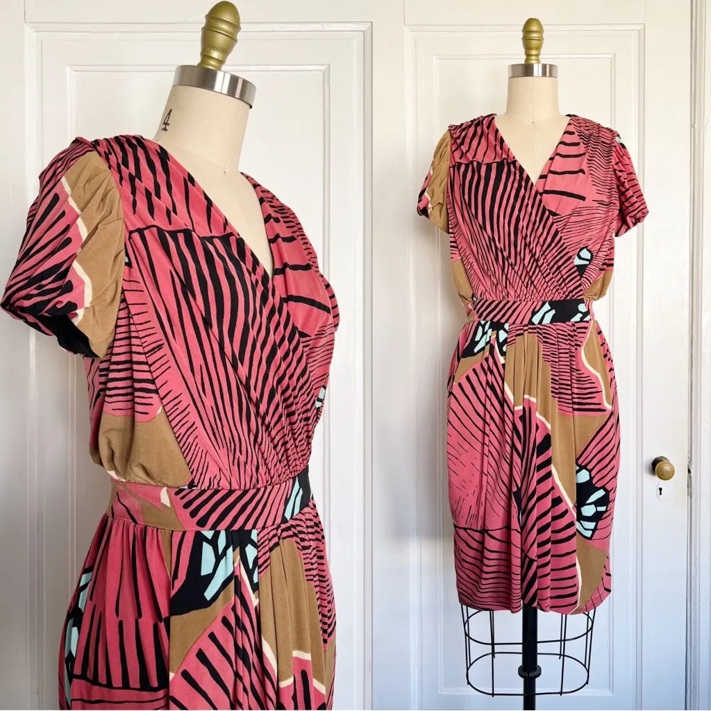 Tibi • Faux Wrap Jersey Dress red graphic tropical print draped knit cocktail - Image 2