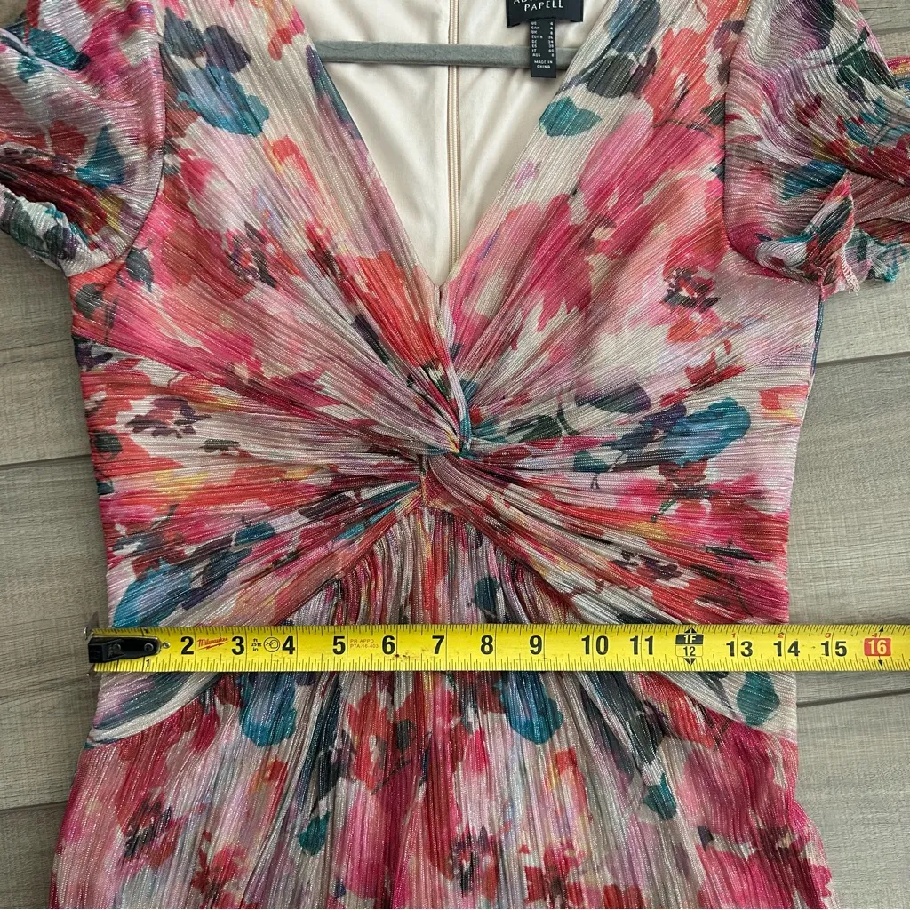 Adrianna Papell Floral Metallic Pleated Twist Front Hi Low Flutter Sleeve Gown 4 - Image 9