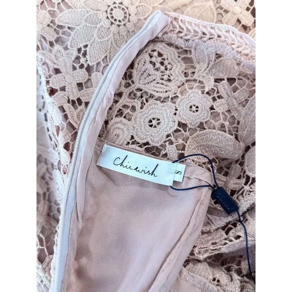 Chicwish Womens Dress Beige Floral Lace Mini Short Sleeve A Line Boho Small - Image 4