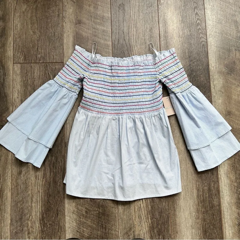Belle + Sky Blue Off the Shoulder Peplum Top NWT Delight Blue Strip Size Small - Image 5