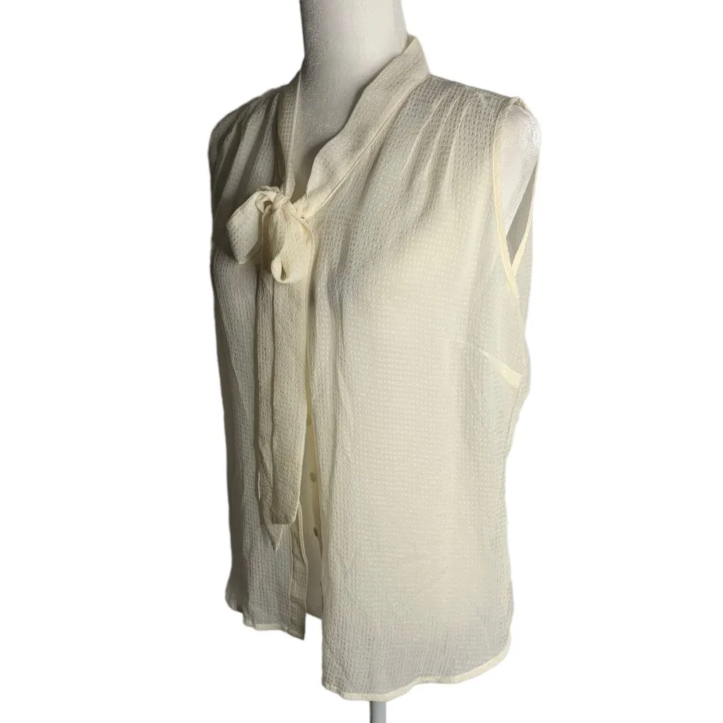 Apostrophe Sheer Button Up Shirt M Cream Neck Tie Sleeveless Pleated Shoulders - Image 3