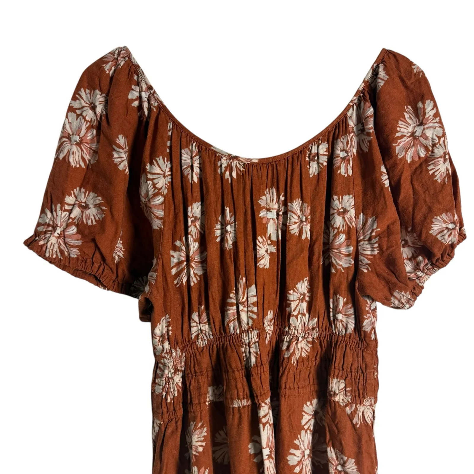 Madewell Linen Sophia Torch Rust Floral Print Smocked Puff Sleeve Short Dress M - Image 6