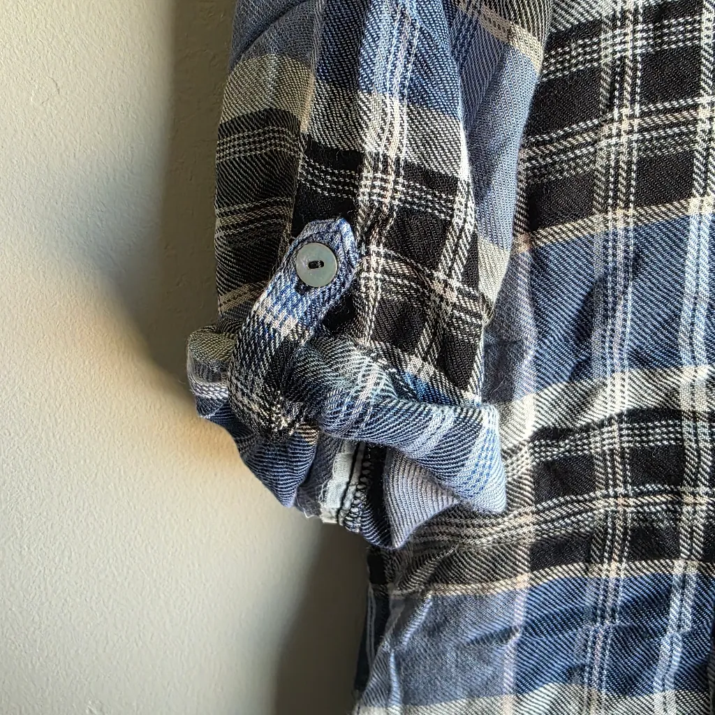 Living Doll Los Angeles Open Front Floral Blue Plaid Cardigan Size XL - Image 5