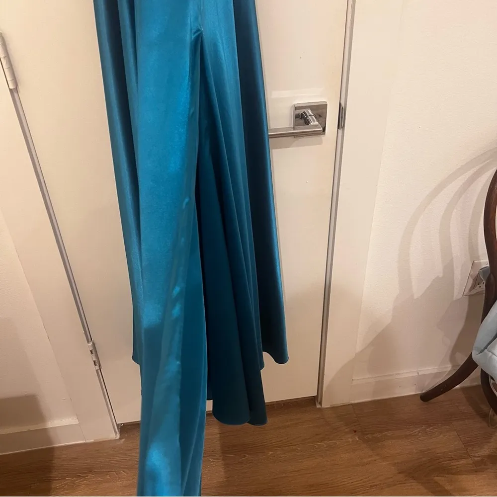 Teal Silky Charmeuse Lace Up Back Formal Gown - Image 8