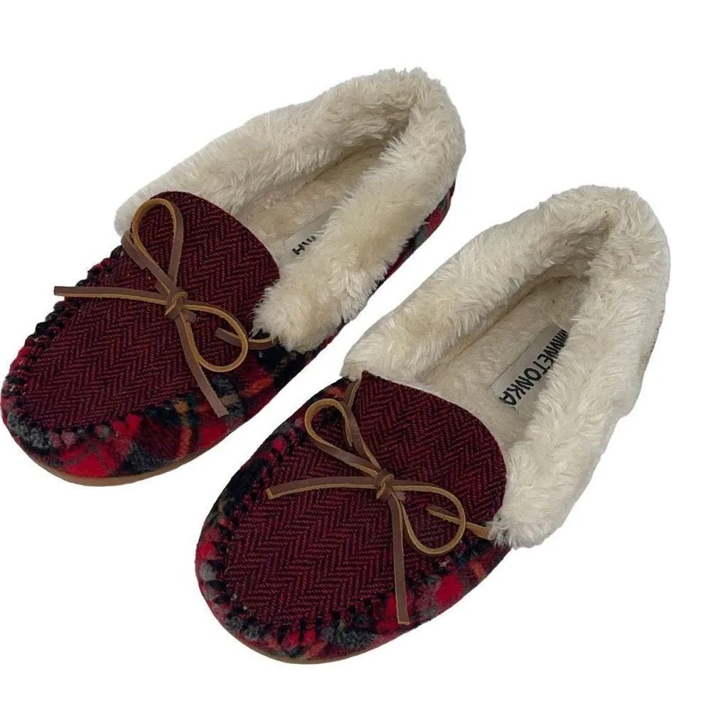 Womens Minnetonka Camp Collar Moc Slipper in Red Autumn Plaid Size 7 Fleece Line - Image 3