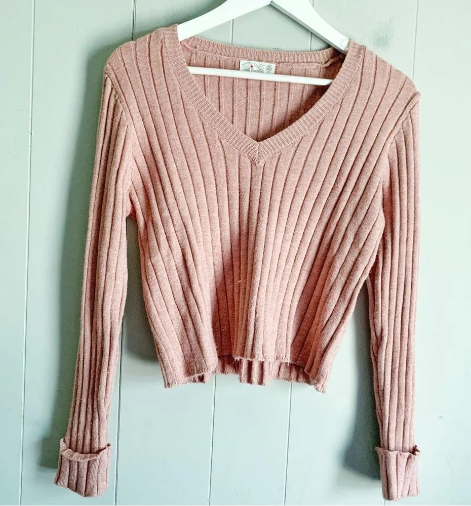 Tillys POOF APPAREL Dusty Pink Semi Crop V neck Pullover Sweater Small - Image 2