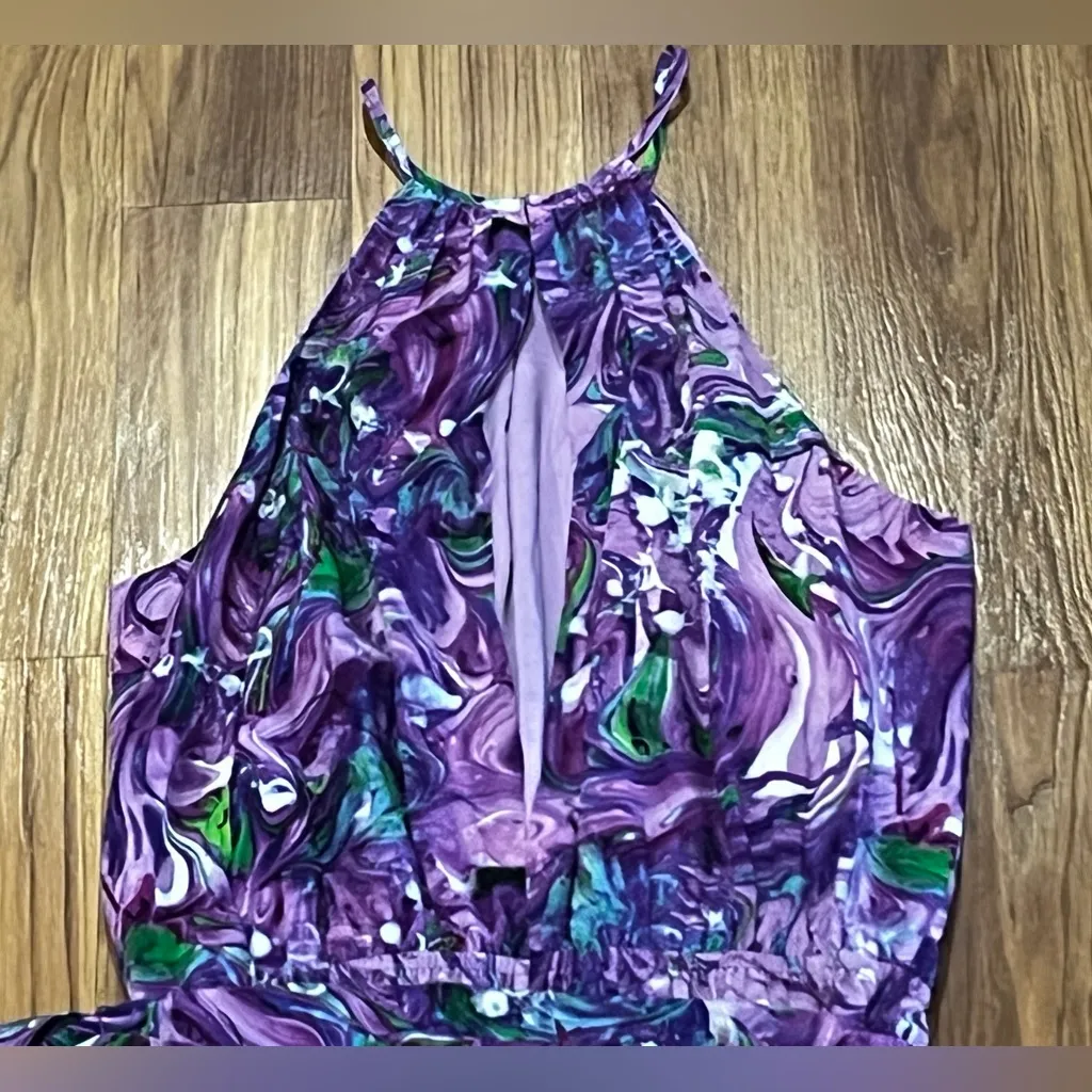 Kareno Halter Neck Wide Leg Jumpsuit purple and green marble print Size S - Image 5