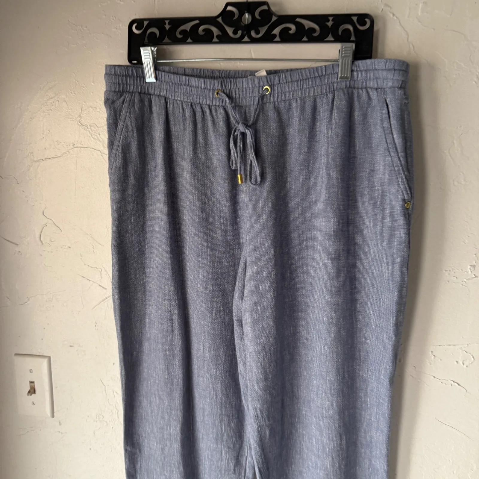 Ellen Tray Linen Blend Drawstring Waist Pants Women Large Blue Casual Comfort - Image 2