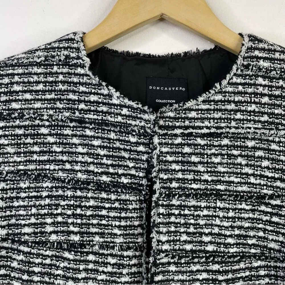 Classic Preppy Short Black White Fringe Boucle Tweed Blazer Jacket 8 - Image 2