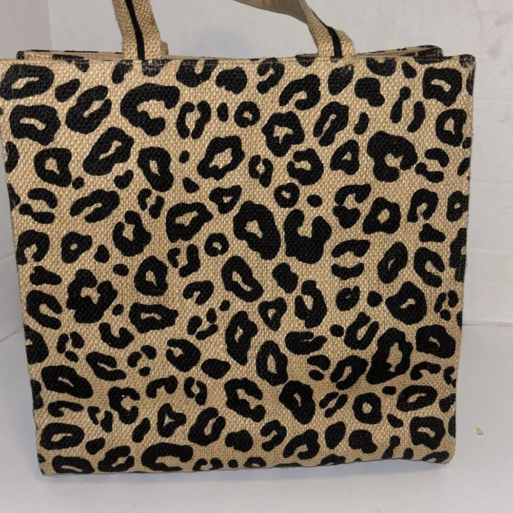 AMERICA & BEYOND TAN AND BLACK LEOPARD PRINT JUTE/CANVAS TOTE WITH TASSEL - Image 6