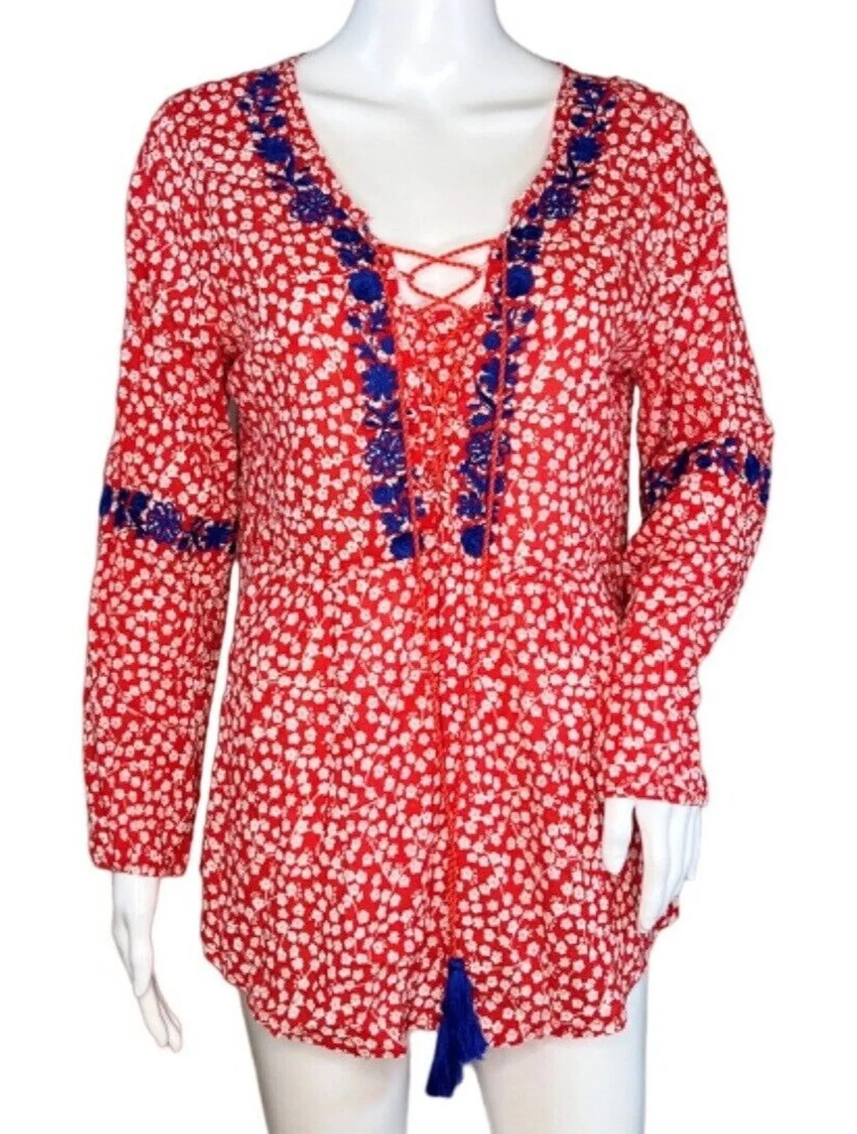 Solitaire Blouse Womens Medium Red White Ditzy Floral Blue Embroidery Bohemian - Image 1