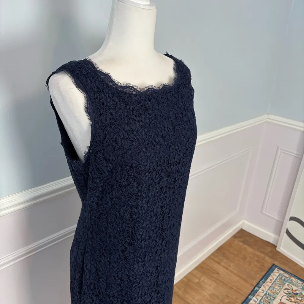 Adrianna Papell Lace Boat Neck Sheath Mini Dress Size 12 Navy Blue Formal - Image 5