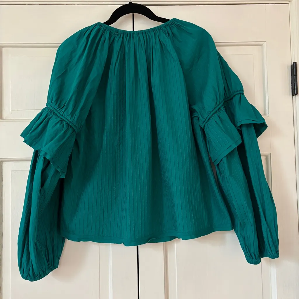ULLA JOHNSON Concetta Blouse Verdigris Green Peasant Blouse Puff Sleeve Size 10 - Image 9