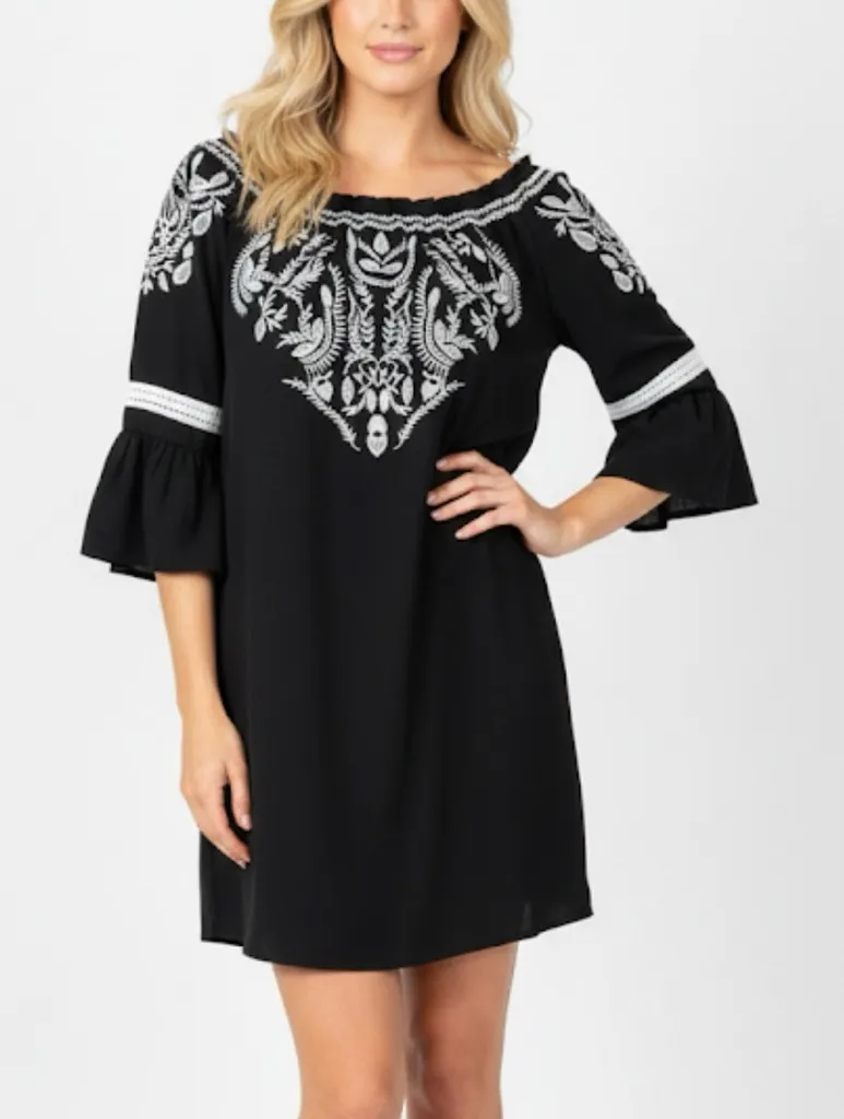 Charter Club Spring Horizon Dress Embroidered Black S Bell Sleeve Boho Party Mod - Image 1