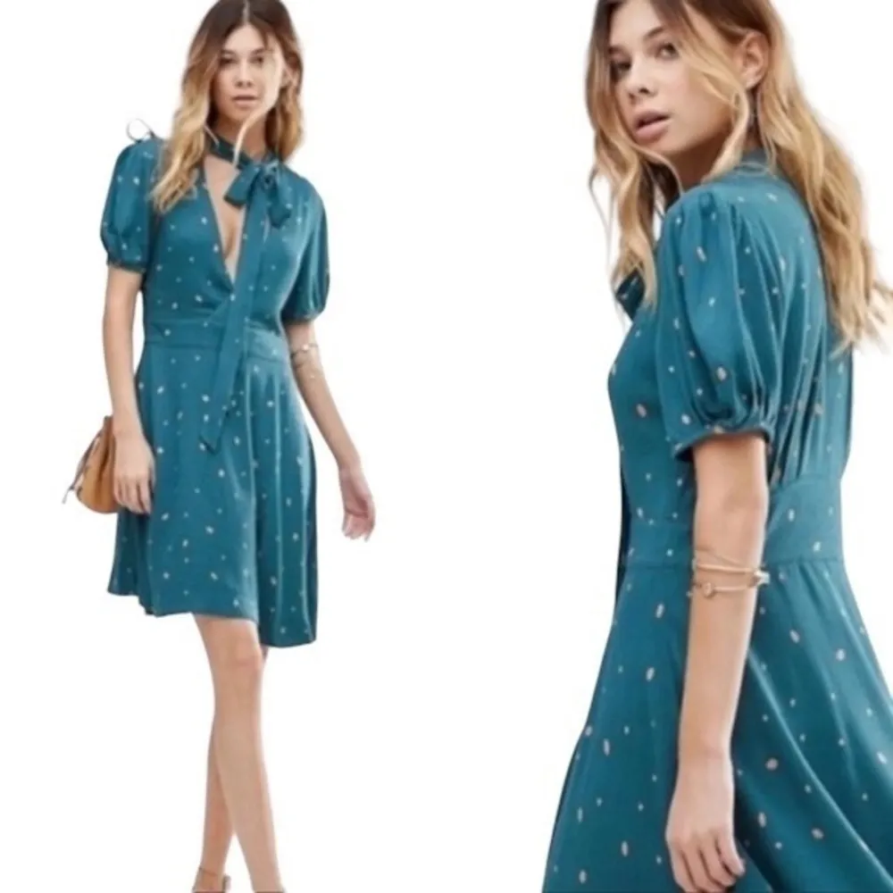 NWT Free People Abbie Tie Neck Puff Sleeve Reversible Mini Dress in Green Combo - Image 4