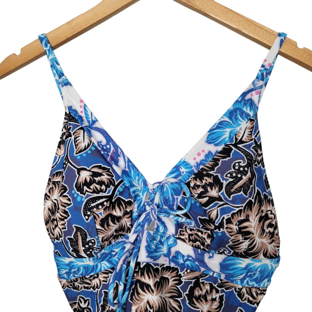 NWT Cupshe Swimsuit Deep Vneck Self Tie Mix Print Blue Floral One Piece Large - Image 2