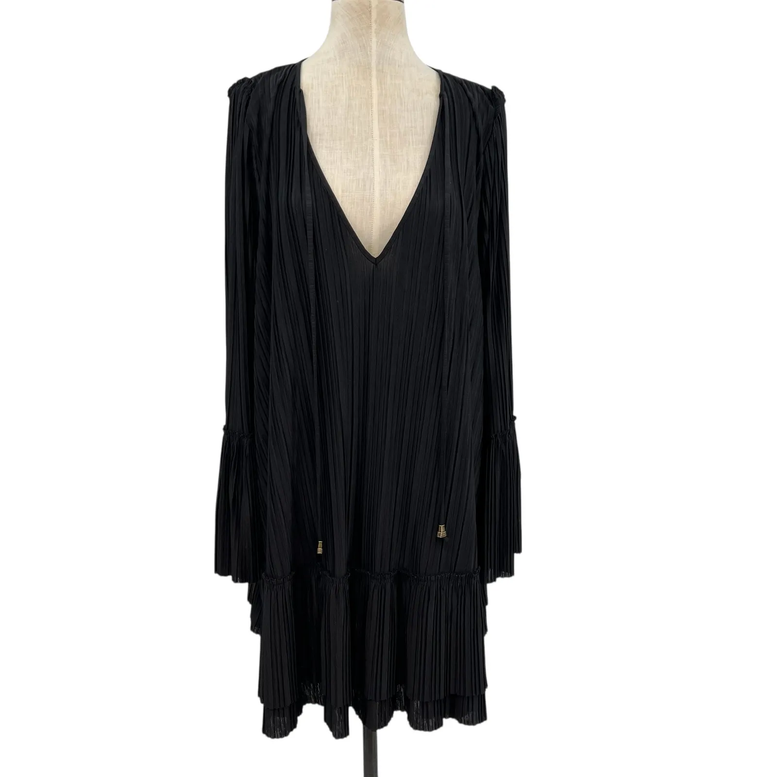 Free People Can't Help It Plisse Pleated Long Sleeve Mini Dress Black Size Large - Image 3