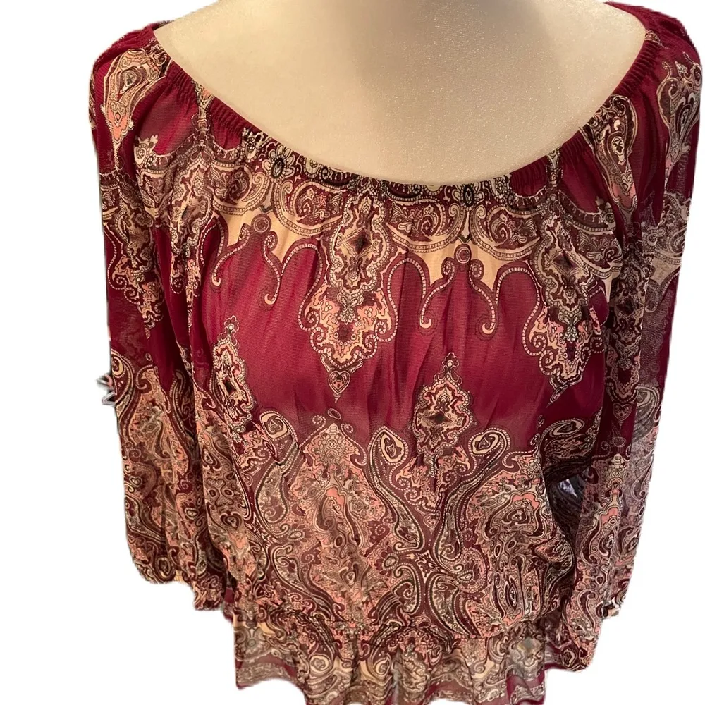 Wine Color Paisley Sheer Blouse Elastic 3/4 Sleeves & Low Elastic Waist M - Image 2
