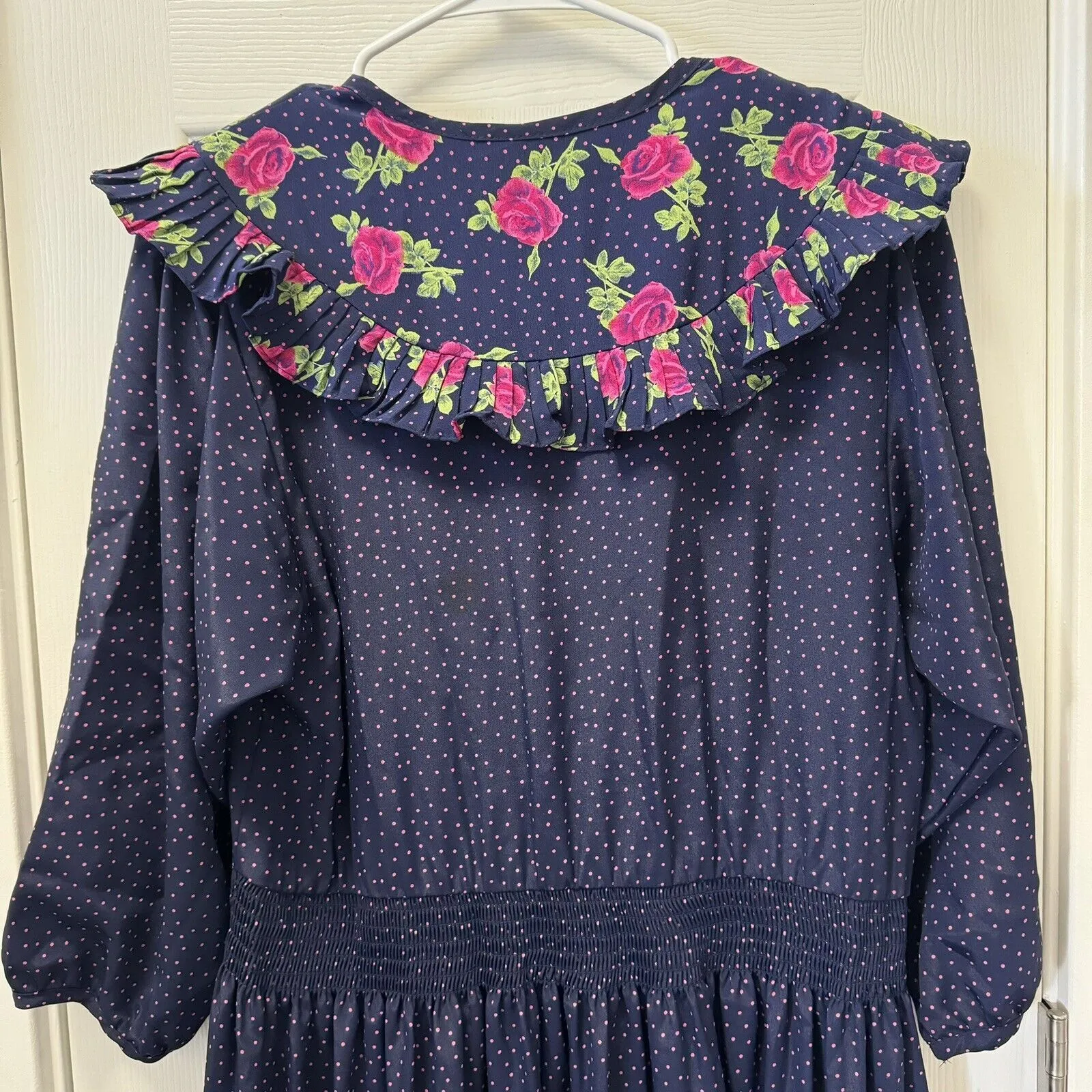 Toni‎ Todd Prairie Knee Length Dress Size 8 Made in USA Blue Pink Polka Dot Rose - Image 7