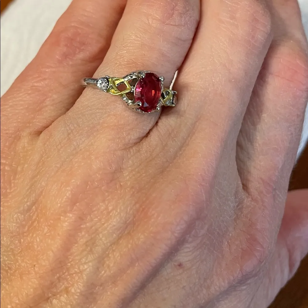 New Oval Ruby CZ SilverTone & Gold Tone Ring Size 6 7/8 - Image 2