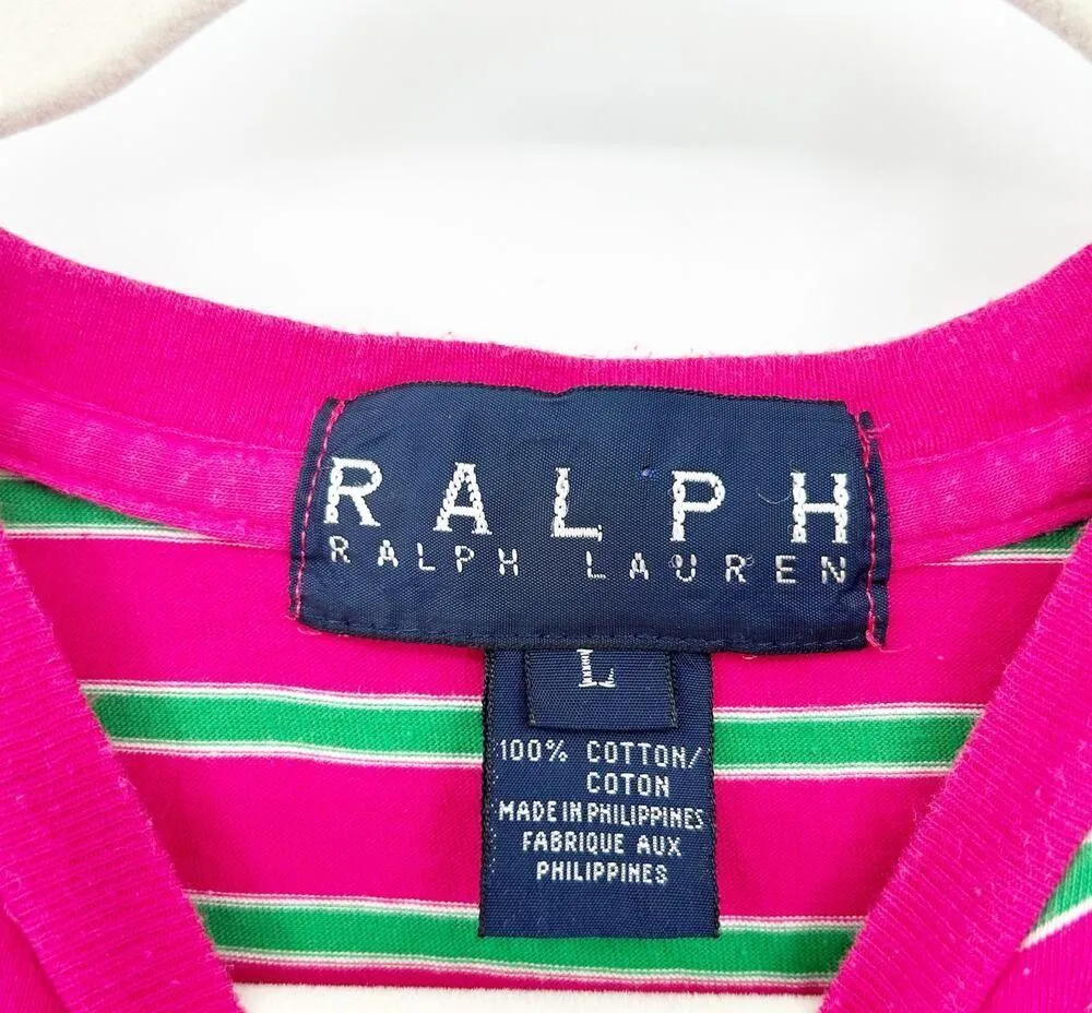 Ralph Lauren Blue Label Womens Y2K Barbiecore Striped Pocket Baby Tee Large Pink - Image 3